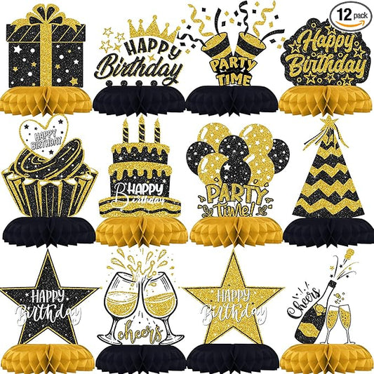 Black and Gold Birthday Decorations – 12Pcs Honeycomb Table