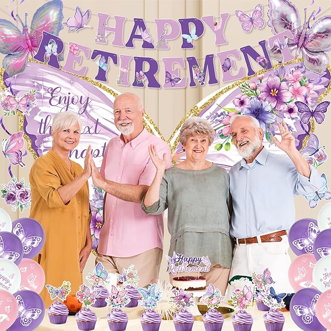 Butterfly Retirement Decorations Purple Happy Retirement Banner