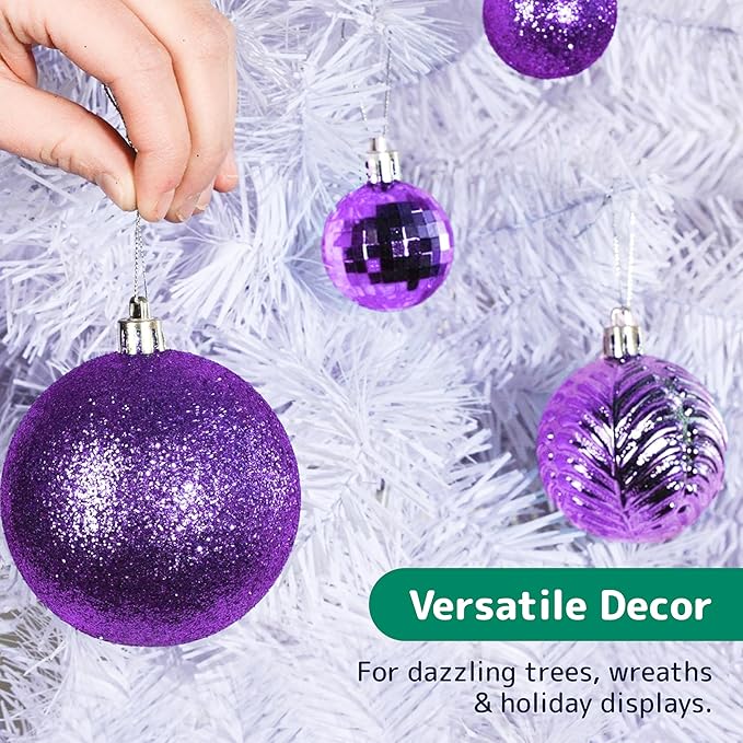 Prextex 36-Pieces Purple Christmas Ornaments Set - Shatterproof,