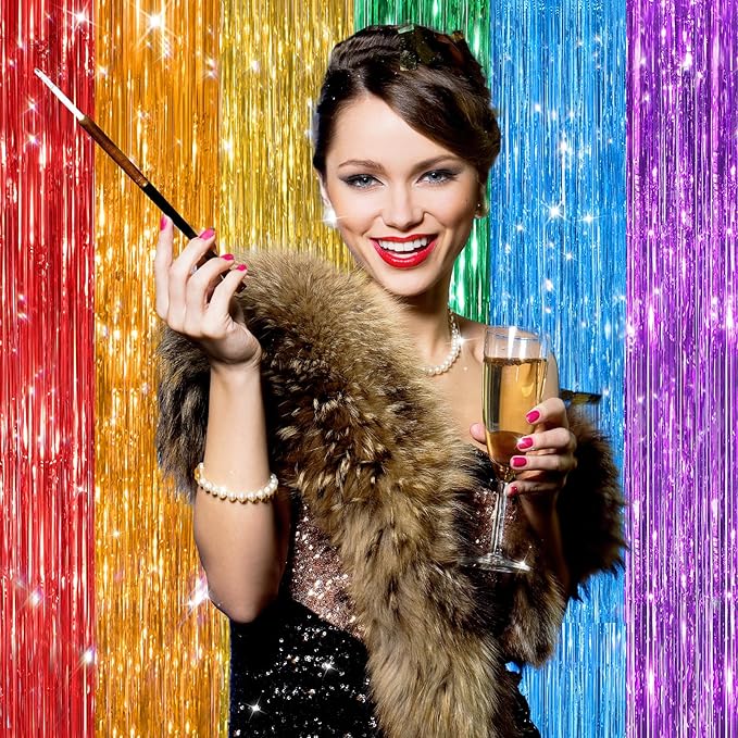 2Pack Rainbow Foil Fringe Curtains Backdrop Decorations, Rainbow