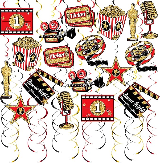 48CT Movie Night Hanging Swirls Decorations Red Gold and Black