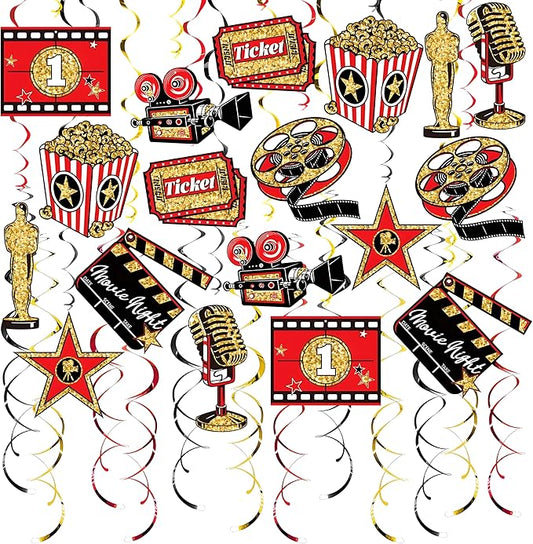 48CT Movie Night Hanging Swirls Decorations Red Gold and Black