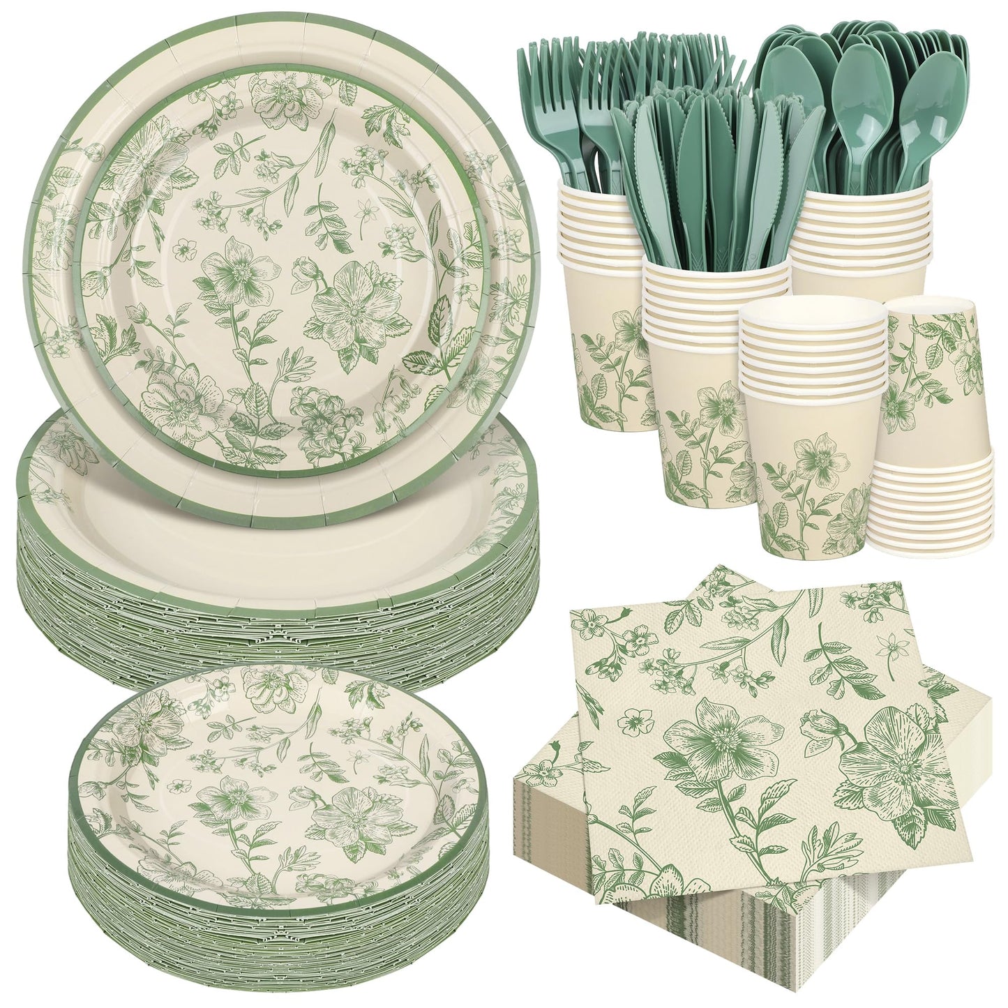 Kochorie 400 Pieces Sage Green Disposable Tableware Sets, Green and