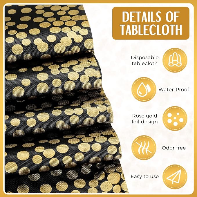 Breling 8 Pack New Year Black and Gold Disposable Plastic Tablecloths