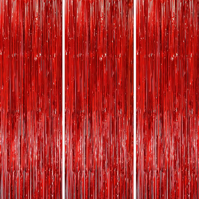Voircoloria 3 Pack 3.3x8.2 Feet Red Foil Fringe Backdrop Curtains,