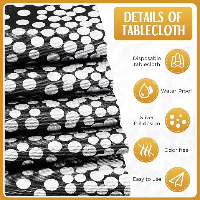 Breling 24 Packs Black and Silver Disposable Plastic Tablecloths and