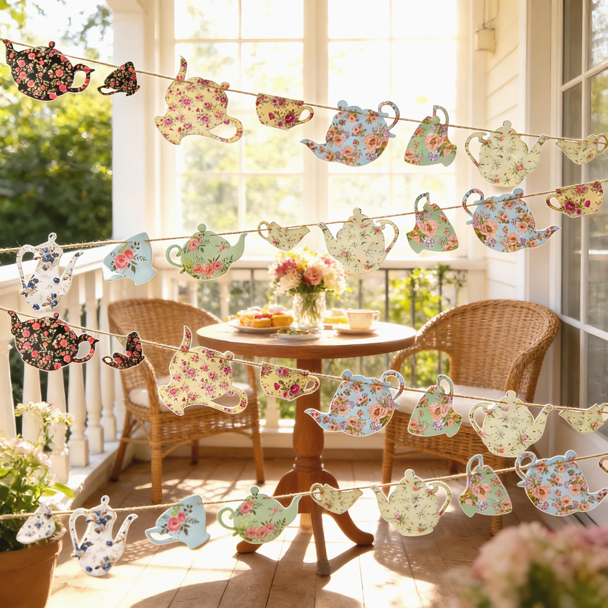 SUNBEAUTY Tea Party Decoration Teapot Bunting Garland Spring Garden