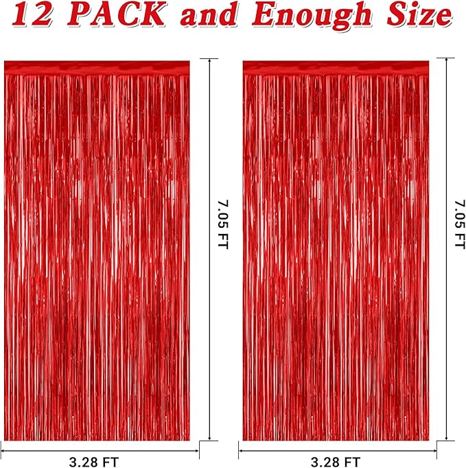 12 Pack Red Curtains, 3.28 FT x 7.05 FT Party Streamer, Metallic