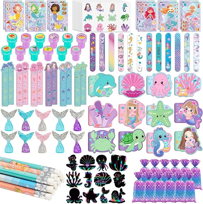 120Pcs Mermaid Party Favors Stickers Pencils Notebooks Stampers