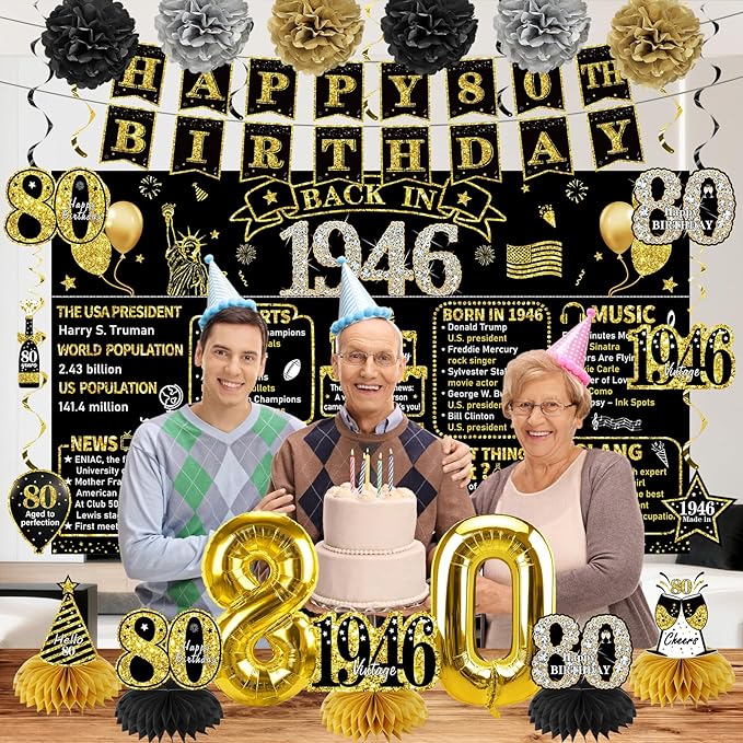 80th Birthday Decorations for Men Women 21pcs the Year 1946 Banner