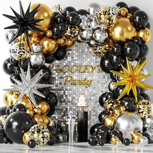 137Pcs Black Gold and Silver Balloons Garland Arch Kit with Stars - 5