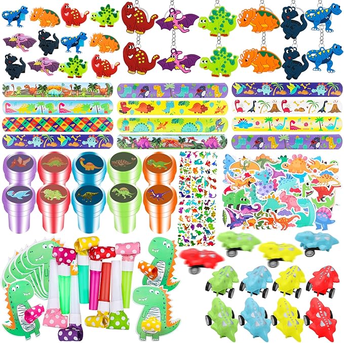 132Pcs Dinosaur Party Favors Dinosaur Rings Slap Bracelets Tattoos