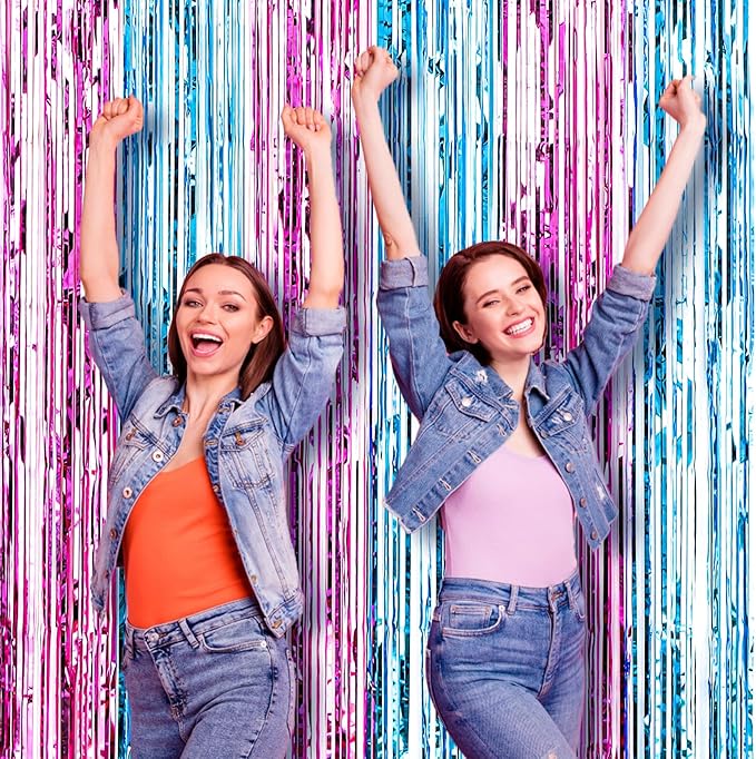 Voircoloria 3 Pack 3.3x8.2 Feet Blue and Pink Foil Fringe Backdrop