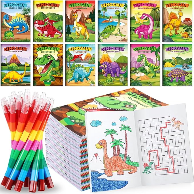 12 Dinosaur Mini Coloring Books Kids with 12 Stacking Crayons Dino