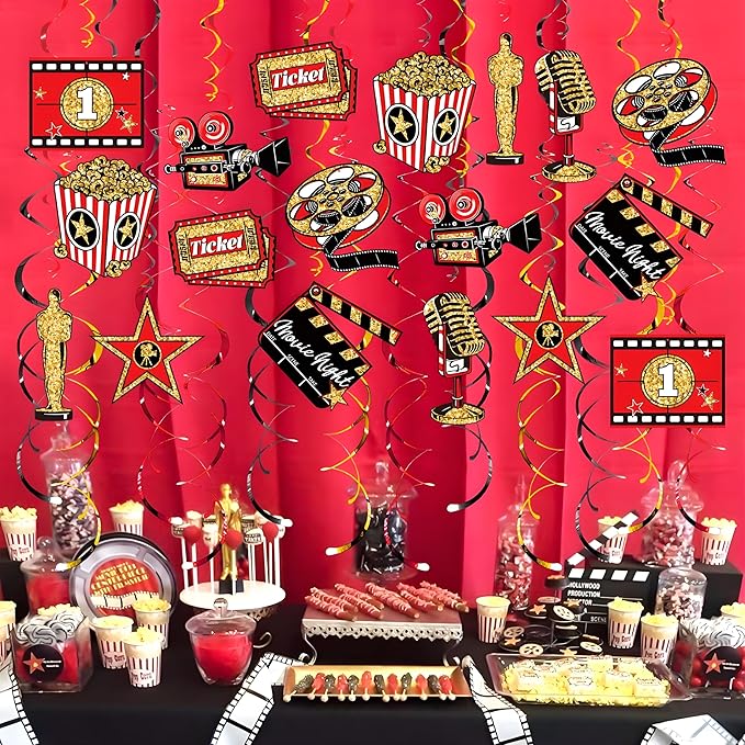 48CT Movie Night Hanging Swirls Decorations Red Gold and Black