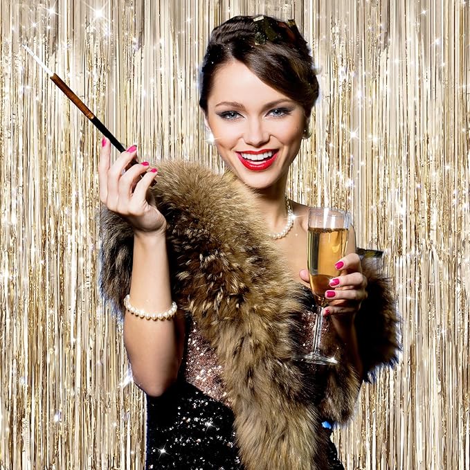 2Pack Champagne Gold Foil Fringe Backdrop Curtains, Tinsel Door