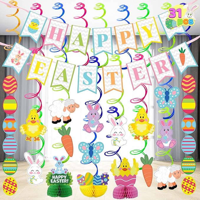 31 PCS Easter Decorations Spring Decor Egg Bunny Foil Swirl Party