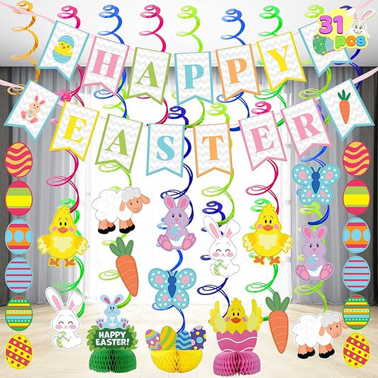 31 PCS Easter Decorations Spring Decor Egg Bunny Foil Swirl Party