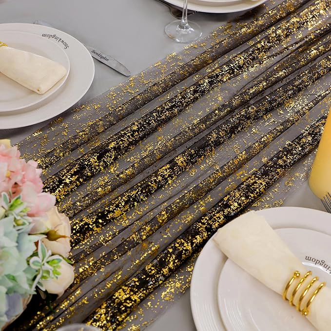 Snowkingdom Black and Gold Cheesecloth Table Runner 10 FT, Sheer
