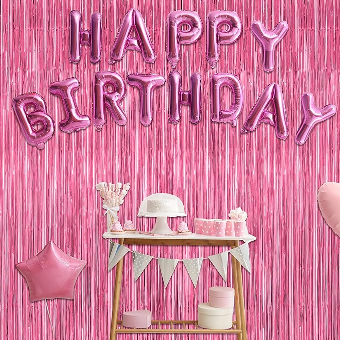 4 Pack Birthday Decorations, 3.28 FT x 7.05 FT Pink Backdrop,