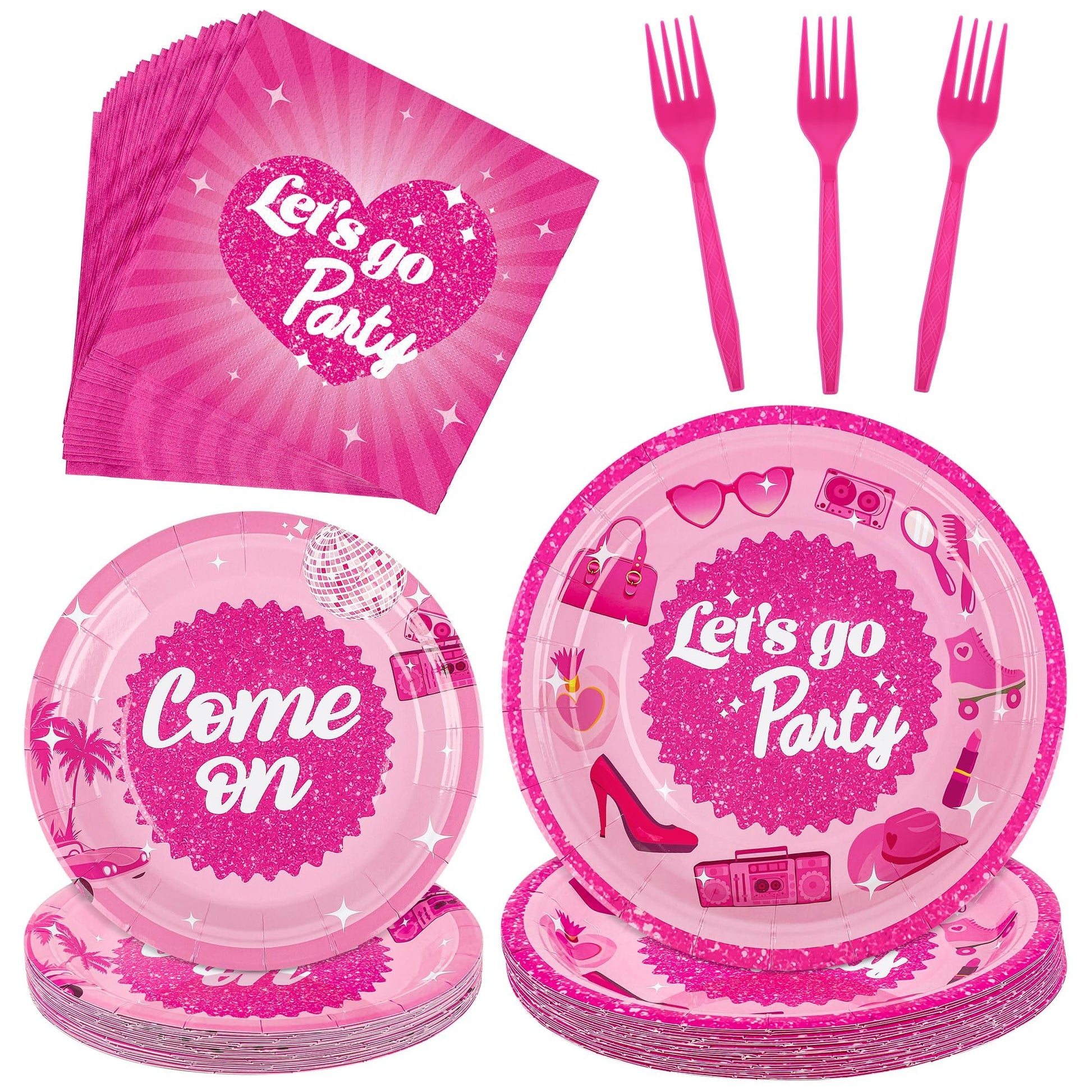 durony 96 Pieces Let's Go Party Supplies Serve 24 Guests Hot Pink
