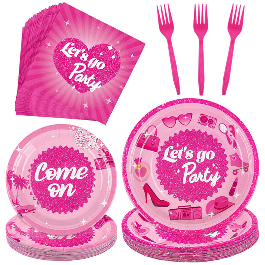 durony 96 Pieces Let's Go Party Supplies Serve 24 Guests Hot Pink