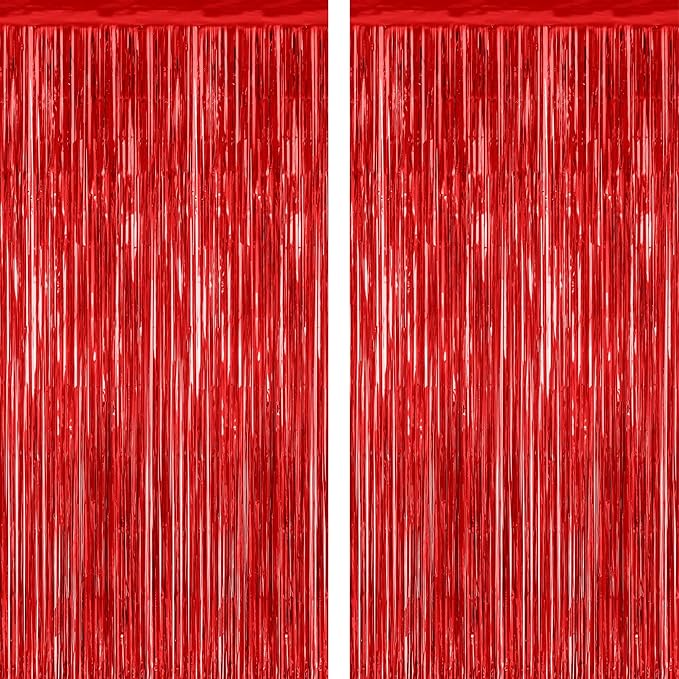 2 Pack Red Tinsel Backdrop, 3.28 FT x 7.05 FT Fringe Curtains, Red