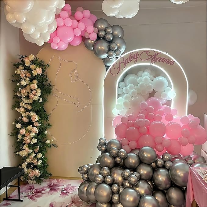 Pink and Silver Balloon Arch Kit, Pastel Pink and White Metallic