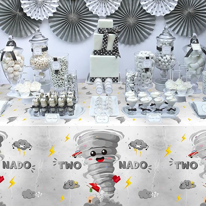 3Pcs Two Nado Party Tablecloths - Gray Tornado Birthday Party Table