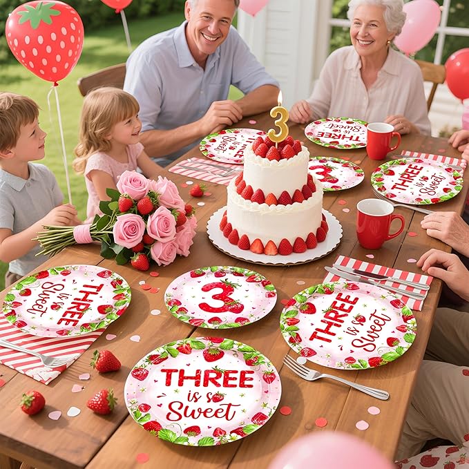 96Pcs Strawberry 3rd Birthday Party Supplies Three is So Sweet