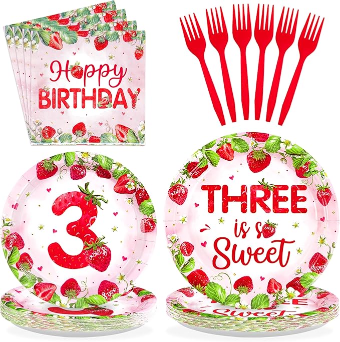 96Pcs Strawberry 3rd Birthday Party Supplies Three is So Sweet