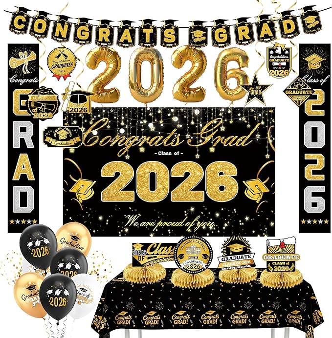 Graduation Decorations 2026 Black and Gold Party Supplies with