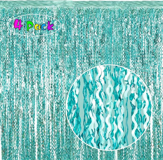 4 Pack 3.3 ft x 6.6 ft Wavy Aqua Teal Blue Tinsel Foil Fringe
