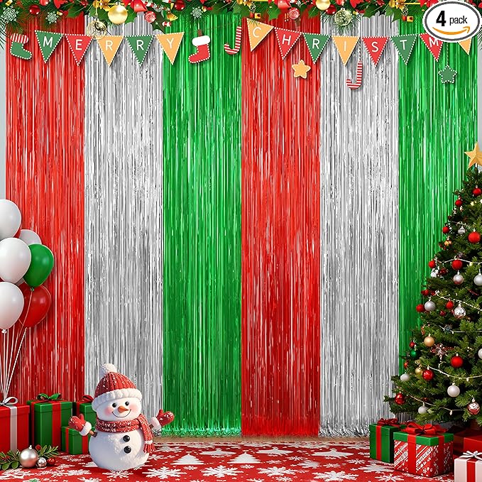 2 Pack Christmas Metallic Tinsel Foil Fringe Curtains, Door Streamers