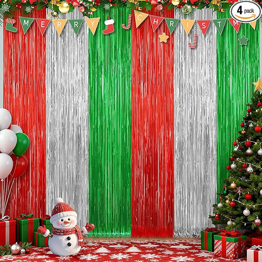 2 Pack Christmas Metallic Tinsel Foil Fringe Curtains, Door Streamers
