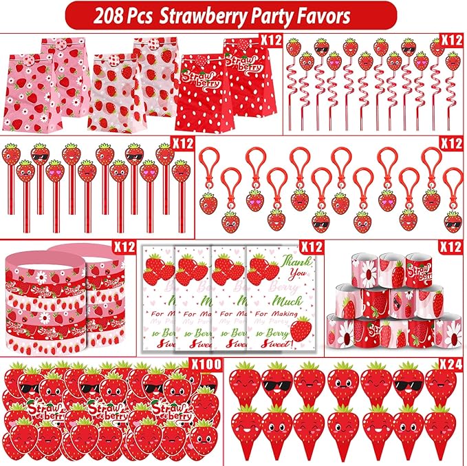 208PCS Strawberry Party Favors Berry First Birthday Decor Theme
