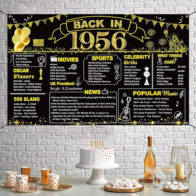 DARUNAXY 70th Birthday Black Gold Party Decoration, Back in 1956