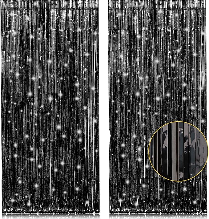 2 Pack 3.2ft x 8.2ft Black Tinsel Foil Fringe Curtains, Metallic Foil