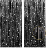2 Pack 3.2ft x 8.2ft Black Tinsel Foil Fringe Curtains, Metallic Foil