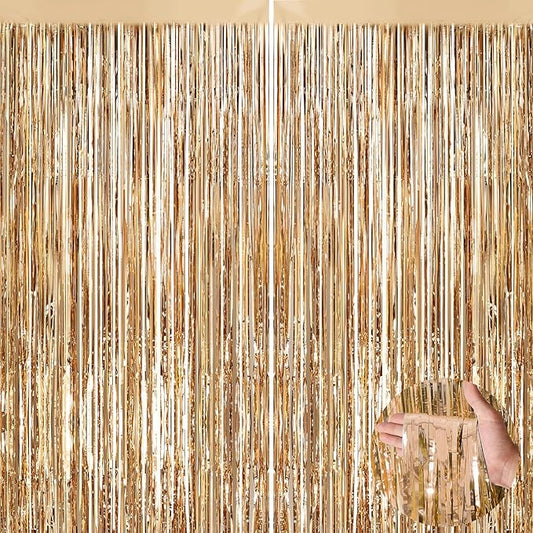 Champagne Gold Metallic Tinsel Foil Fringe Curtains, 2 Pack 3.3x8.3