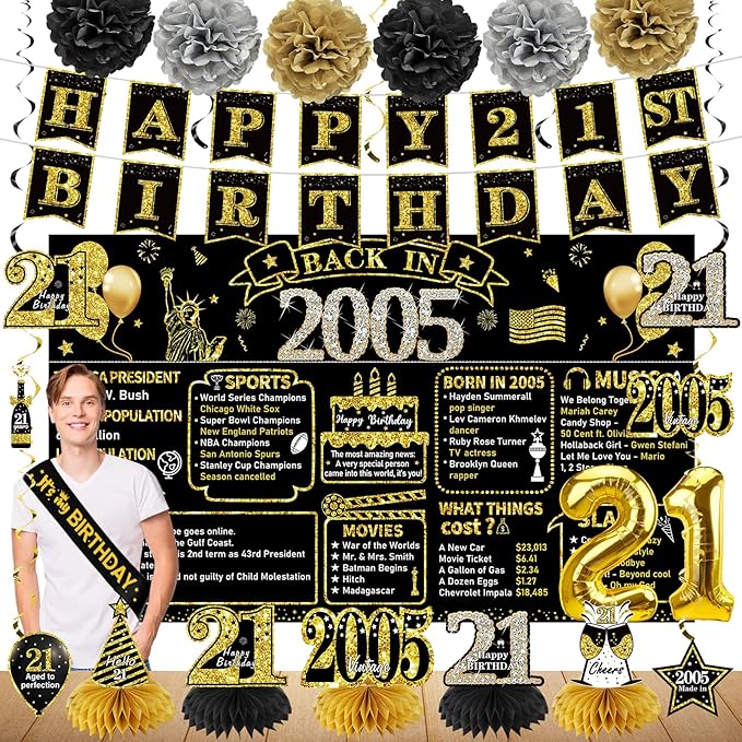 21st Birthday Decorations for Him 21pcs the Year 2005 Banner Balloon