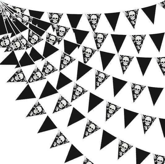 32Ft Black White Halloween Party Decorations Skull Fabric Pennant
