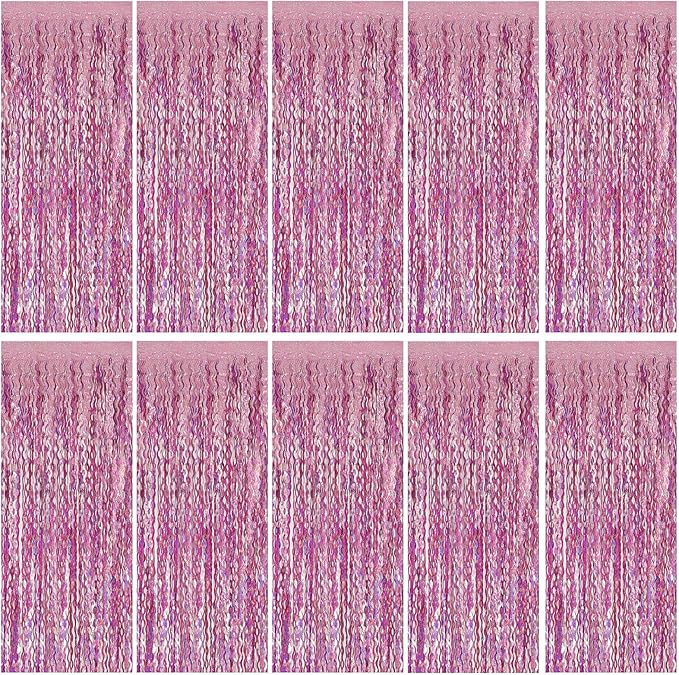 Pink Tinsel Foil Fringe Curtains Wavy Backdrop for Parties Sparkle