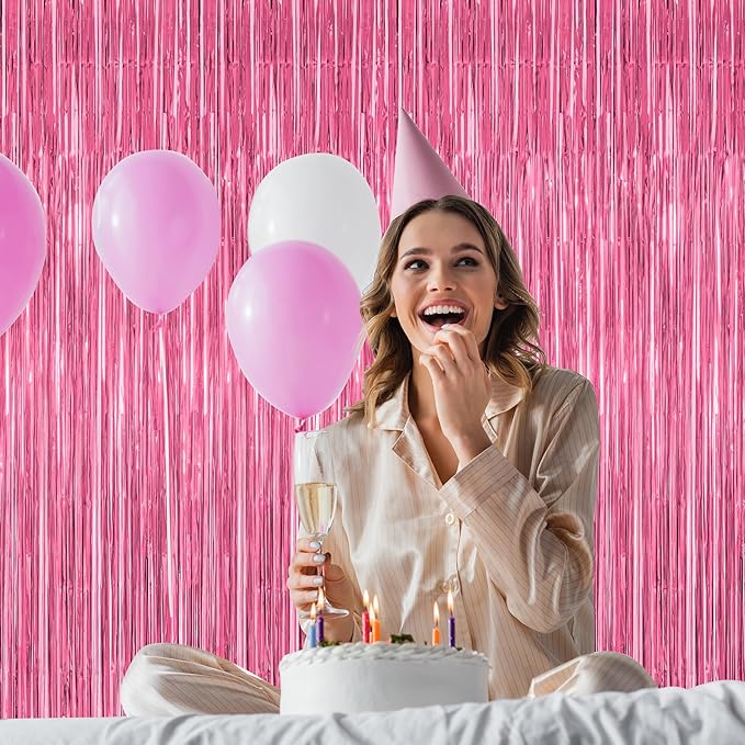 ZATAYE 12 Pack Pink Backdrop, 3.28 FT x 7.05 FT Foil Fringe Curtains,