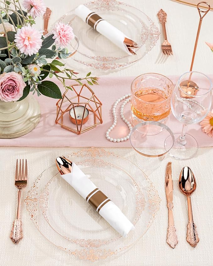 Nervure 175PCS Rose Gold Plastic Plates - Disposable Rose Gold Party