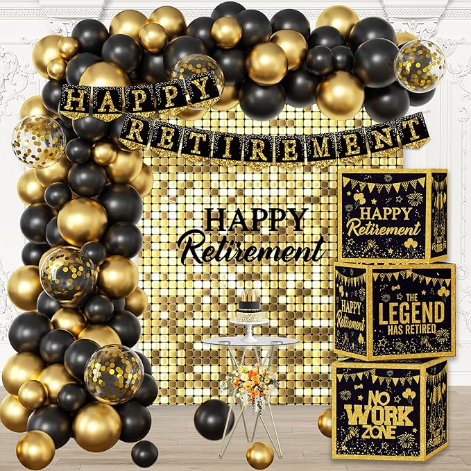 Happy Retirement Party Decorations Kit for Men Women Black Gold