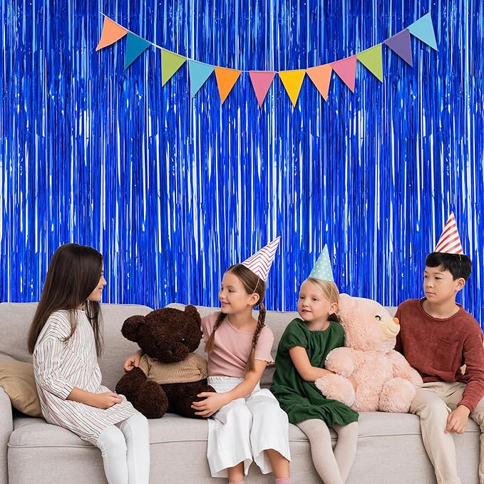 2 PCS Tinsel Backdrop, 3.28 FT x 7.05 FT Dark Blue Backdrop Curtains,