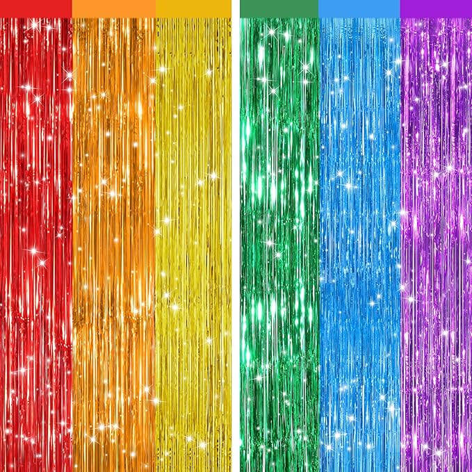2Pack Rainbow Foil Fringe Curtains Backdrop Decorations, Rainbow