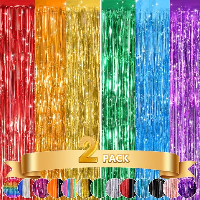 2Pack Rainbow Foil Fringe Curtains Backdrop Decorations, Rainbow