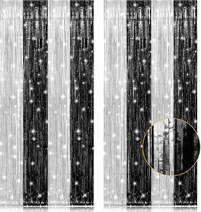 PIGETALE, 2 Pack 3.2 x 8.2 ft Black and Silver Foil Fringe Curtains